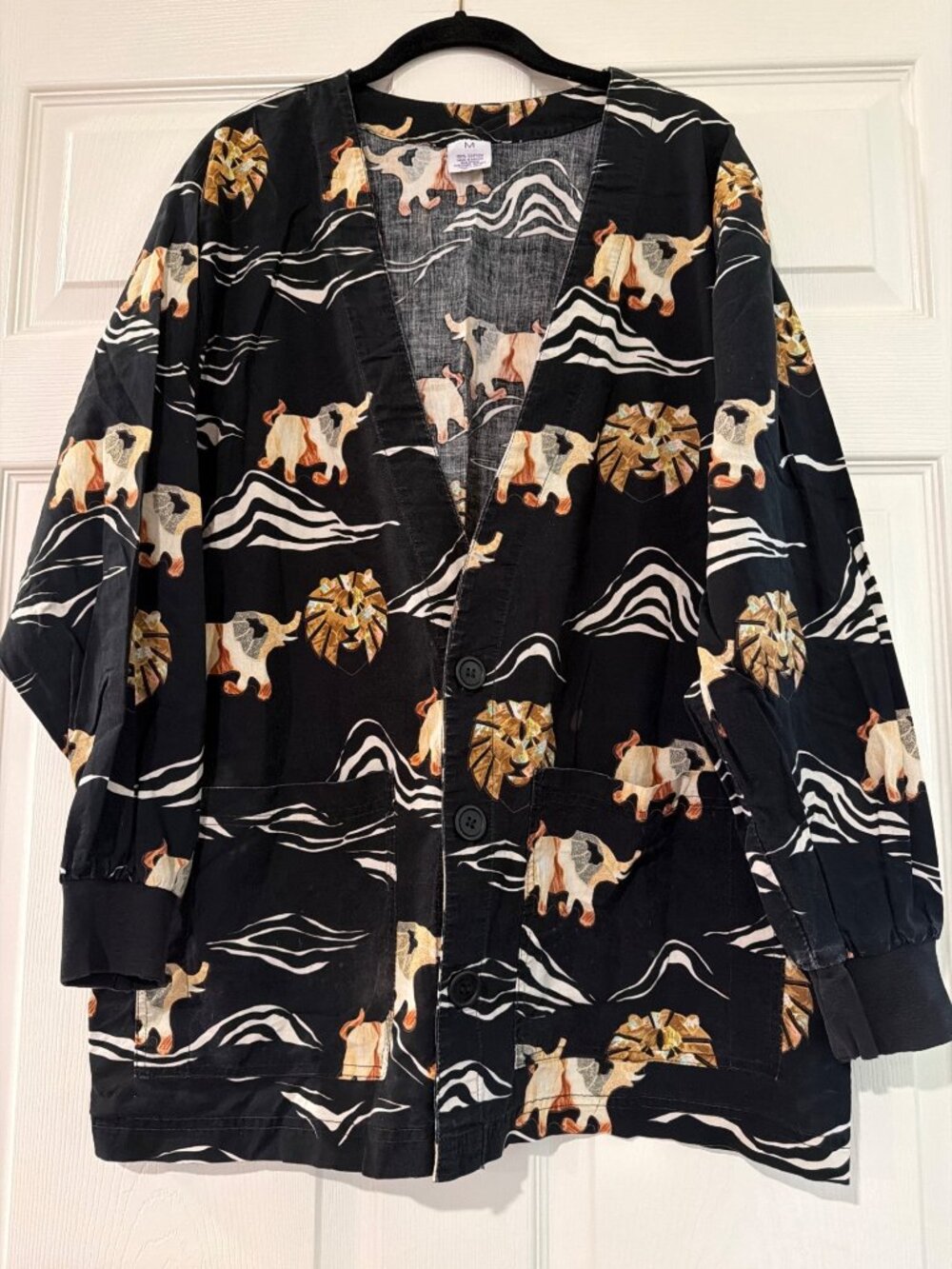 S.C.R.U.B.S.  Unisex Black Button-Up Jacket With Elephant & Abstract Print Mediu